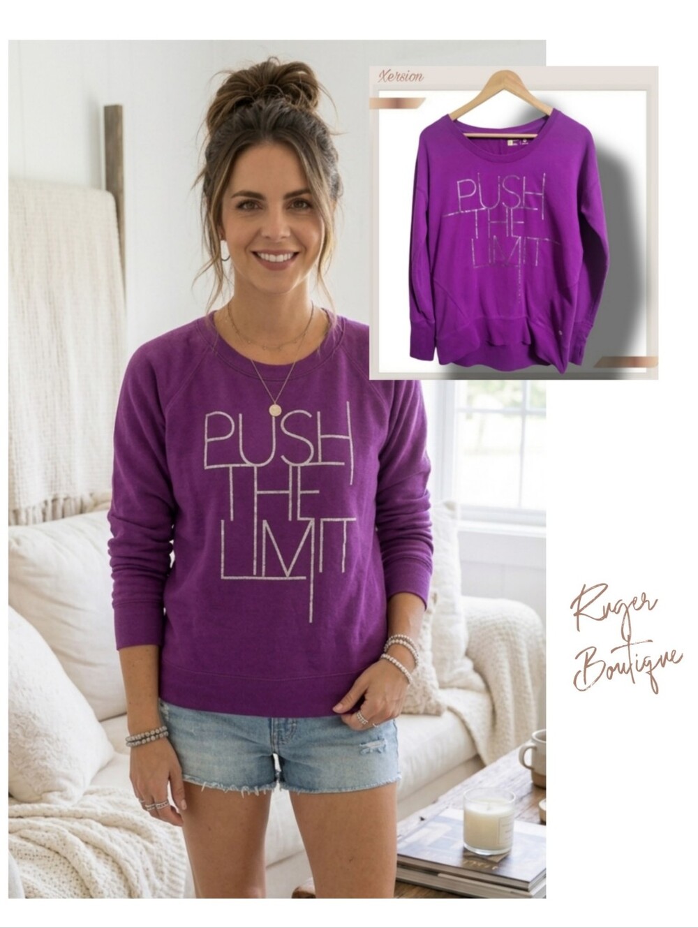 🌿Xersion Women's Small Relaxed Fit Magenta Plum Metallic Quote Longsleeve Top